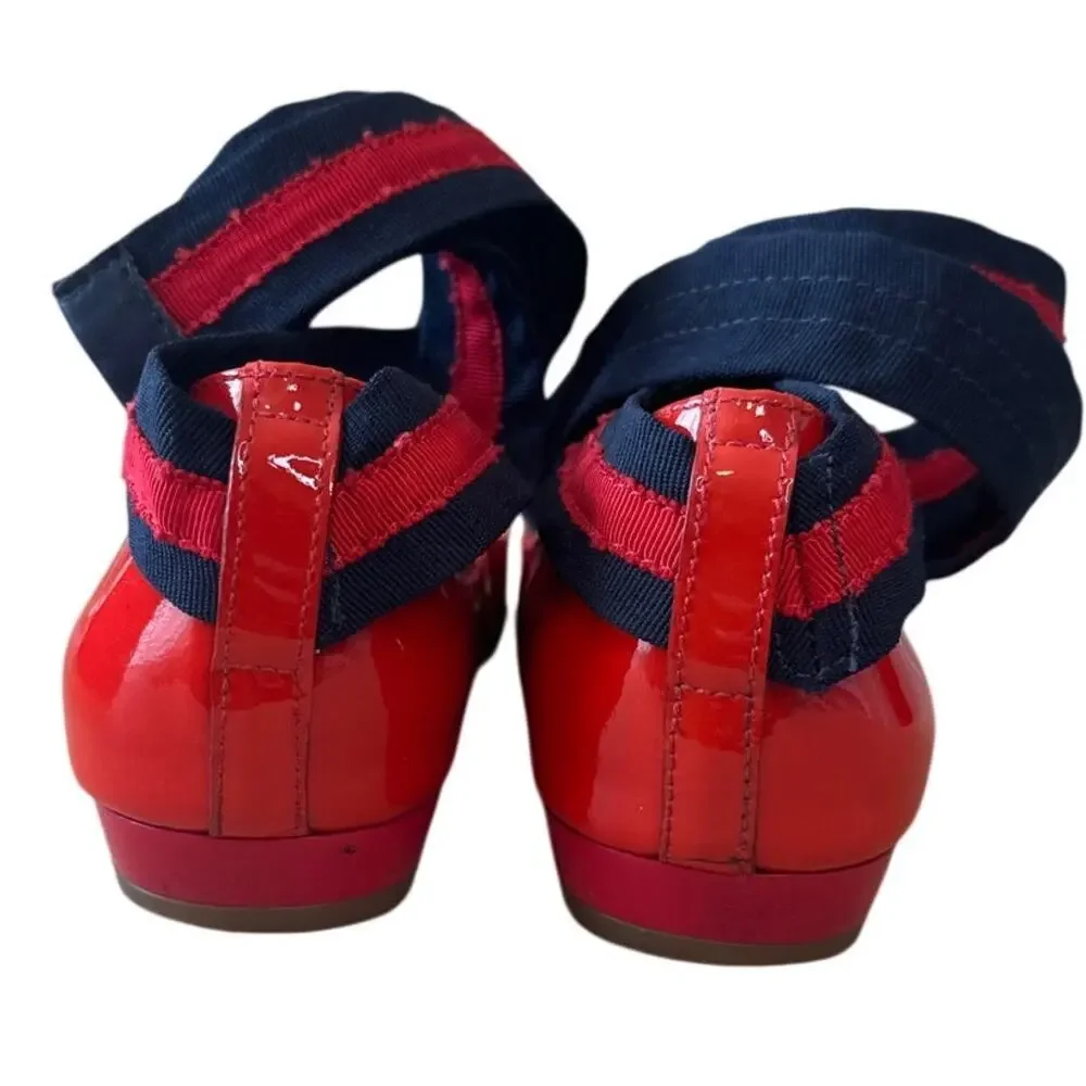 Tory Burch Maritime Ankle Wrap Ballet Flats Red Navy Patent Size 9